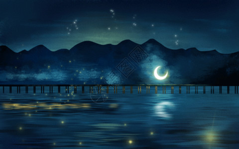 夜晚湖面火车和月亮gif高清图片