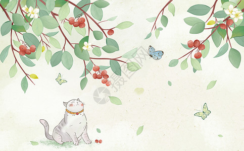 灰色猫咪水彩花卉插画