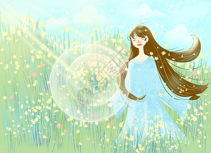 美丽黄色花丛花丛中的女孩插画
