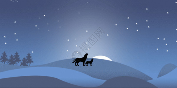 月亮雪唯美夜晚渐变风景插画 GIF高清图片