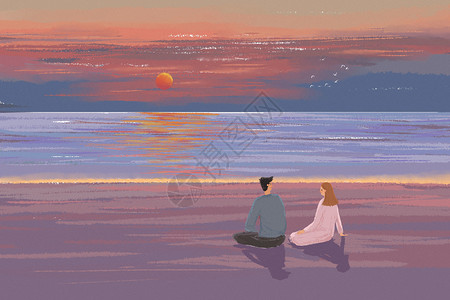 坐在海滩人海边情侣插画