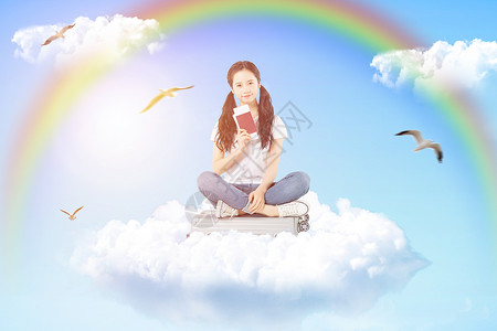 坐着喂鸟的女孩坐着云朵去旅行设计图片