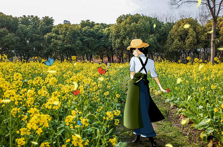 油菜花中的女孩高清图片