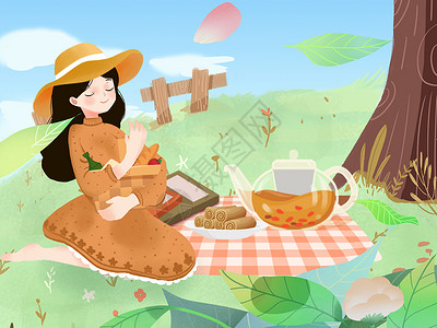小清新风格插画春天在郊外野餐的少女背景图片