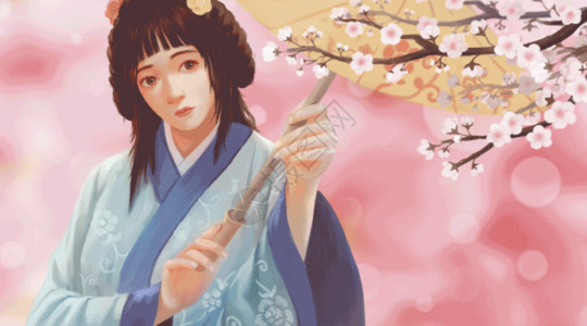 穿旗袍美女穿汉服赏樱花的中国古代女子gif高清图片