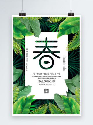 绿色叶子茶籽花简约春季促销海报模板