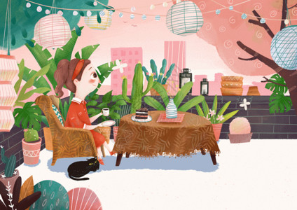 植物椅子桌子夏天小清新室外女生插画gif高清图片