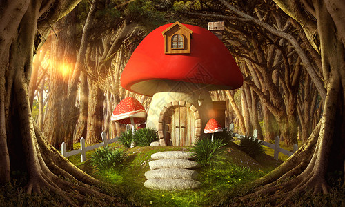 木头插画梦幻森林蘑菇屋设计图片