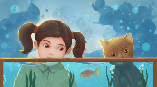 猫与鱼鱼缸旁的女孩与猫咪gif高清图片