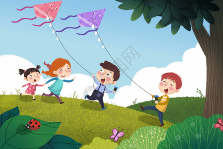 一群小孩春天放风筝gif高清图片