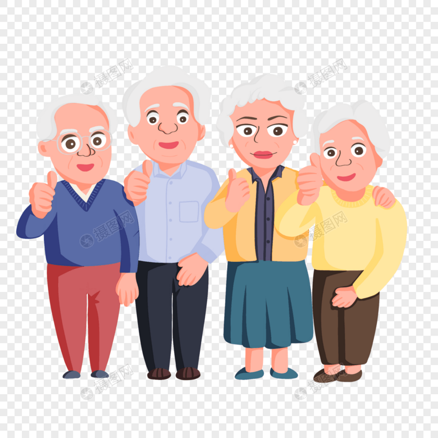 手绘四个老人竖大拇指人物形象图片