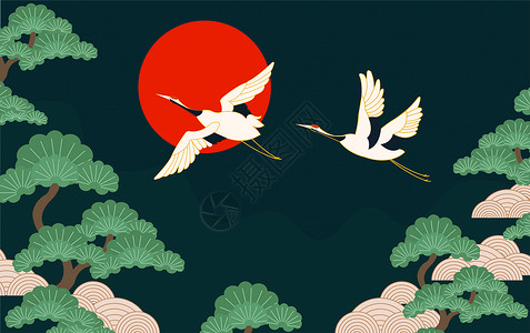 飞翔的仙鹤仙鹤松树传统图案插画
