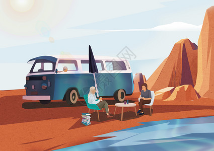沙漠之湖自驾旅行插画