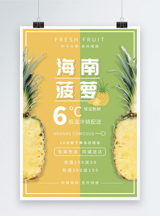 黄绿热带鱼海南菠萝水果促销海报模板