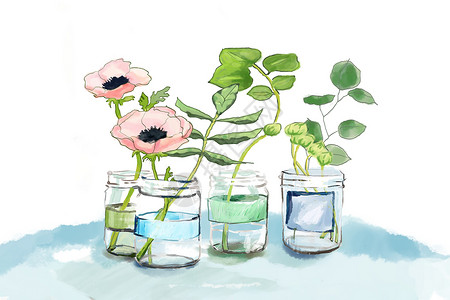 玻璃瓶插花手绘水彩花卉素材插画