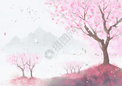 春和日丽水彩风山水桃花gif高清图片