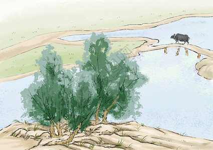 内蒙大草原的牛水墨的山水和牛插画