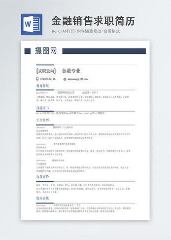 金融销售word简历图片