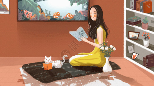猫地毯读书的少女gif高清图片