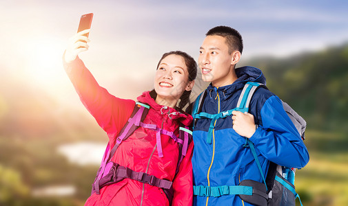 背包考察女士登山情侣自拍设计图片