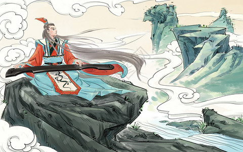 古琴水墨中国风传统人物插画