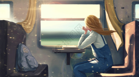 背包旅行背影坐火车的女孩gif高清图片