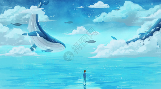 手绘海洋生物鱼鲸鱼与少年gif高清图片
