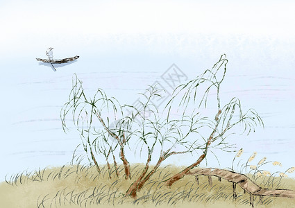 水草植物中国风的自然风景插画