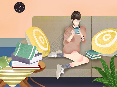 小清新风格在家看书喝咖啡的女孩插画