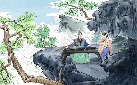 古风乐器中国风传统人物插画