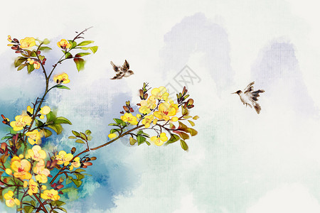 中国风水墨水彩花卉迎春花图片