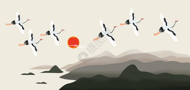和风纹饰中国传统仙鹤山水图案插画
