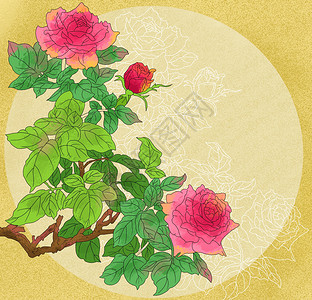 中国风工笔国潮玫瑰花花卉背景图片