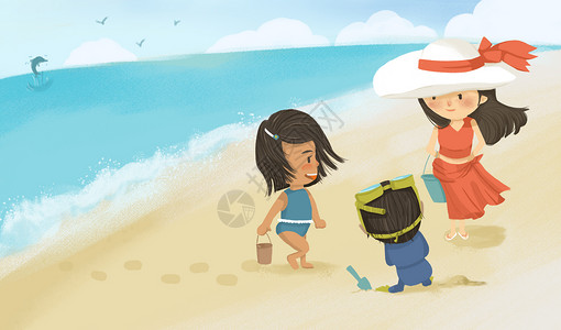 妈妈和孩子玩妈妈带小孩海边旅游插画插画