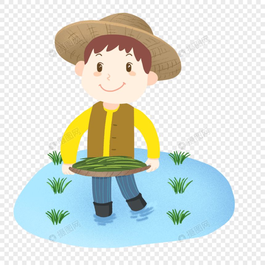 小满戴着草帽插秧的男孩图片
