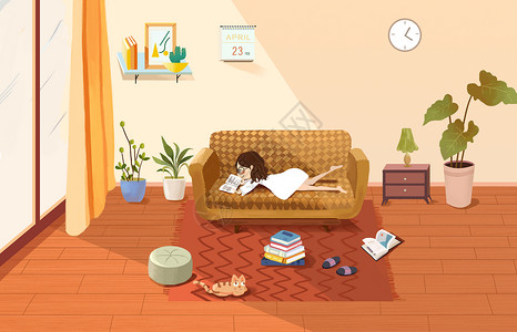 地毯上的猫世界读书日之在家看书的小女孩插画