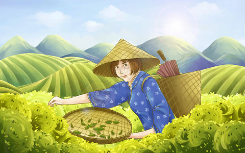 绿色高山采茶少女插画