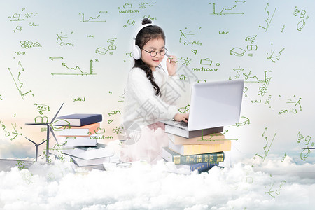 小女孩在荡秋千在云上学习的小女孩设计图片