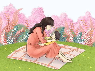 花丛中的母子背景图片