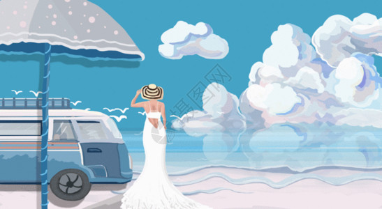 穿婚纱的女孩夏天旅行之看海GIF高清图片