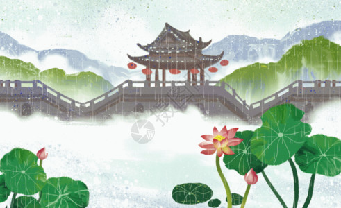 中式的凉亭立夏节气之池塘里的荷花GIF高清图片