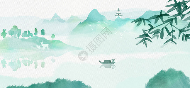 中国风江南水乡雾气背景墙中国风清明水墨山水插画