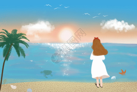 海边捡贝壳夏日海边看日落的女孩GIF高清图片
