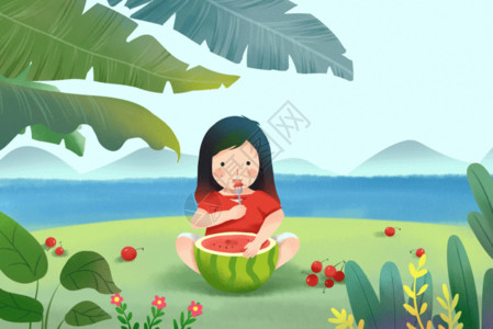 樱桃丰收立夏吃西瓜的女孩GIF高清图片