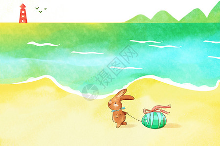 复活节背景海报小兔复活节海边旅行插画