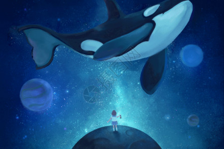 幻想小清新插画鲸鱼与灯GIF高清图片