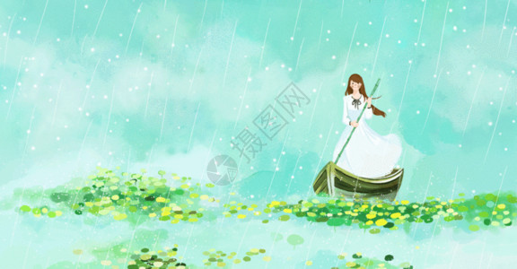立夏荷花与女孩夏天雨中划船GIF高清图片