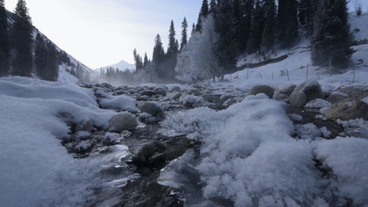 新疆冬季山区雪景河流GIF图片