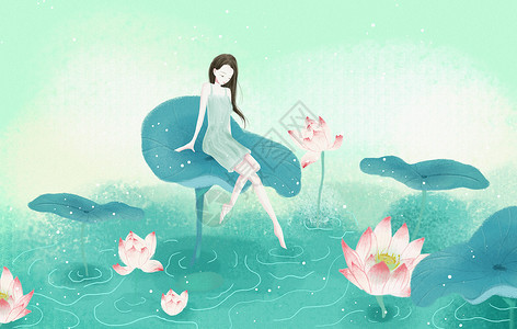 新鲜莲藕海报坐在荷叶上的女孩插画