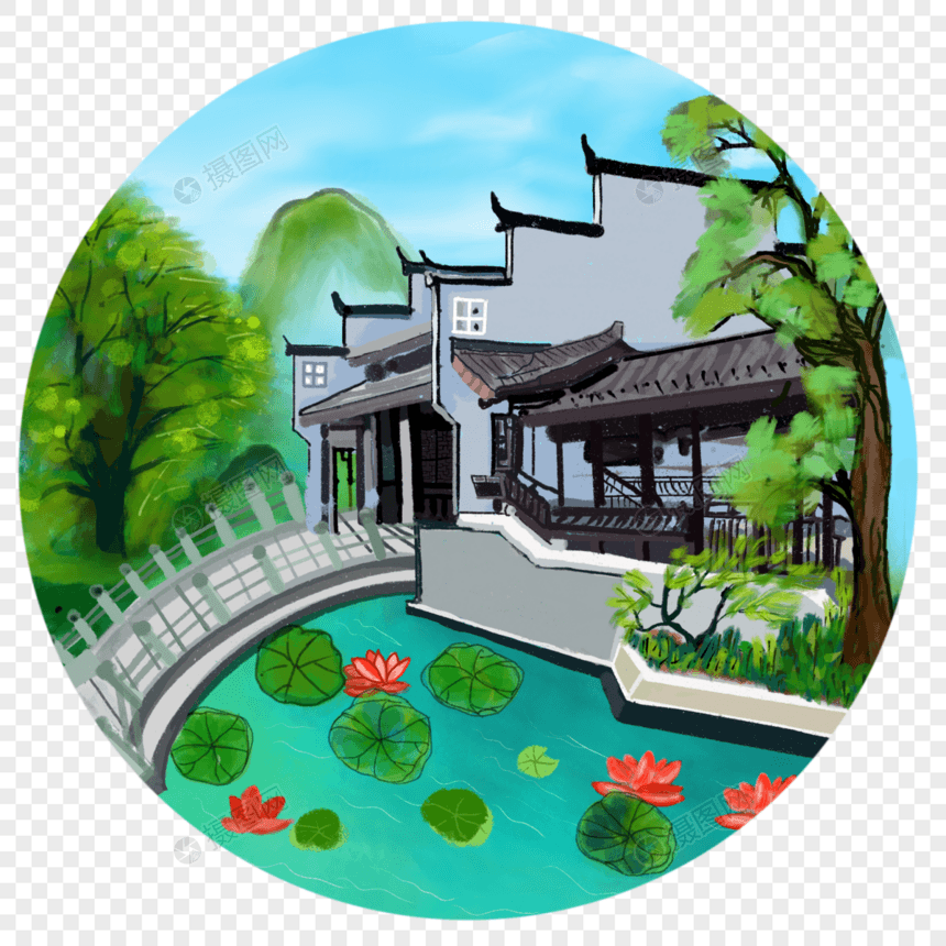 中国风水墨水彩夏日院子荷塘图片
